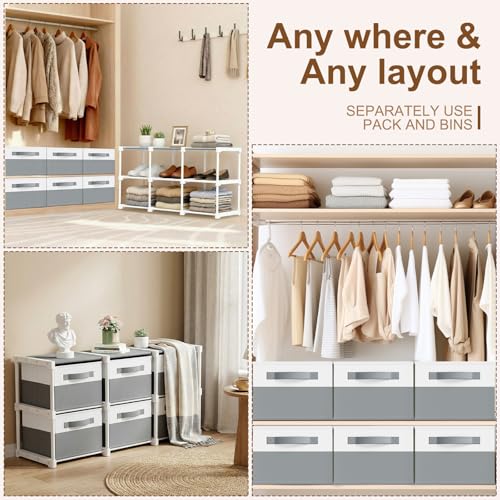 Thyle Large Cube Storage Organizer Shelf with 6 Bins 14 Inch Fabric Collapsible Cubby Storage Drawers Shelving Unit for Christmas Ornaments Clothes Toys Craft(Gray-white,Minimalist) - color: Gray-White, style: Minimalist