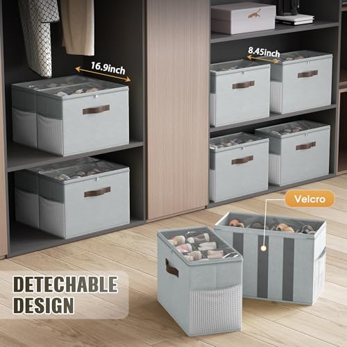Budding Joy 2 Pack Shoe Organizer for Closet, Clear Foldable Shoe Storage Containers Adjustable Dividers Fits 16 Pairs,Shoe Storage Bins Baskets Boxes with Reinforced Handles Light grey - color: Light Gray
