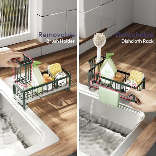SWTYMIKI Sponge Holder for Kitchen Sink - Sink Caddy with Brush Holder Self-draining Sponge Caddy Organizer with Divider Stainless Steel Kitchen Accessories Storage for Countertop, Green - color: Green