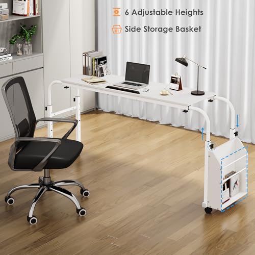 Arlopu Overbed Table with Wheels,60.6-84.2 inches Mobile Bed Desk,Rolling Computer Desk, Laptop Cart,W/0-65°Tilt Stand,4 Heights and 6 Lengths,Side Storage Basket,for Home,Office and Hospital (White) - color: White