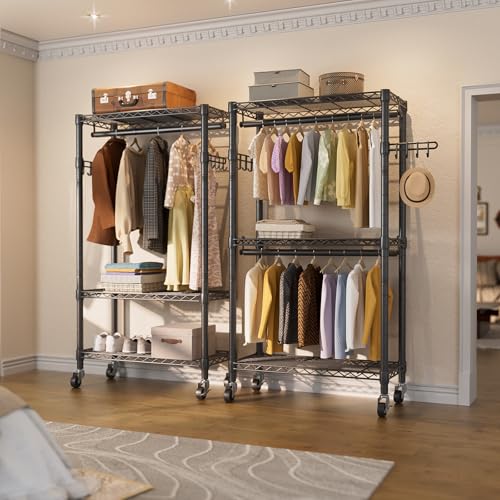 Heavy Duty Clothes Rack Rolling Garment Rack,3 Tier Adjustable Wire Shelving Clothing Racks for Hanging Clothes with Double Rods&Side Hooks,Freestanding Wardrobe Storage Rack Metal Portable Closet - color: Black1, size: 15.75"D x 23.5"W x 72.45"H