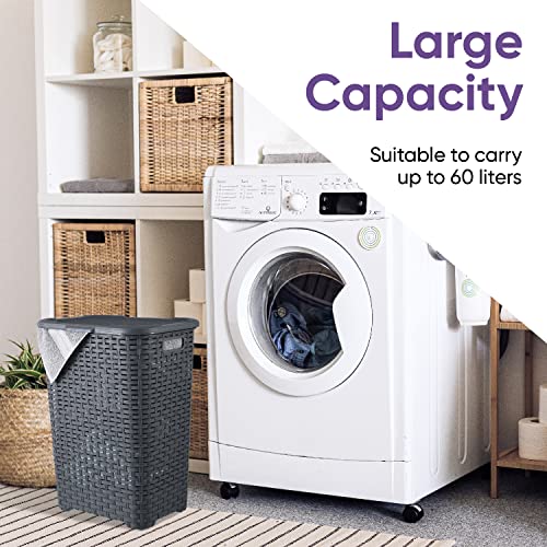Plastic Laundry Hamper with Lid 3 Pack Laundry Hamper Basket, Grey Tall Cloths Hamper Organizer with Cut-out Handles. Space Saving for Laundry Room Bedroom Bathroom, Wicker Design 60 Liter - color: Grey, size: 3-pack