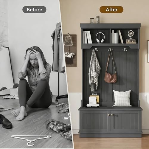 4-in-1 Entryway Hall Tree with Storage Shoe Bench, Coat Rack with Hooks, Open Shelves & Cabinet, Modern Organizer for Mudroom Hallway (Black) - color: Black