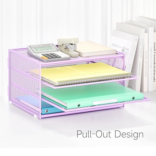 Lavatino 3-Tier Letter Tray Desk Organizer – Purple Mesh Metal Paper File Tray Organizer for Desk, Office Supplies & Home Organization | Fits A4/Letter Paper, Mail, Magazines and Office Accessories - color: 4-tier No Handle - Purple