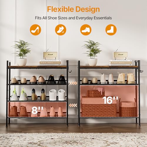 4 Tier Shoe Rack, Shoe Rack for Entryway with Hook, Shoe Organizer with Adjustable Mesh Shelves, Metal Shoe Storage, Closet, Bedroom Living Room Garage - size: 4 Tier