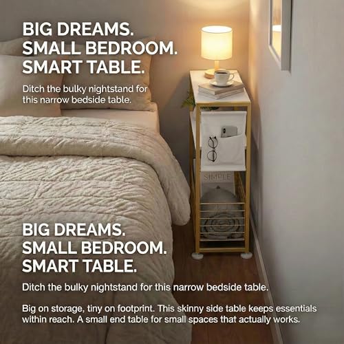 Skinny Side Table with Storage, 3 Tier Slim Side Tables for Small Spaces, Skinny End Table Narrow Bedside Table Narrow Side Table for Living Room, Bedroom - color: White Gold