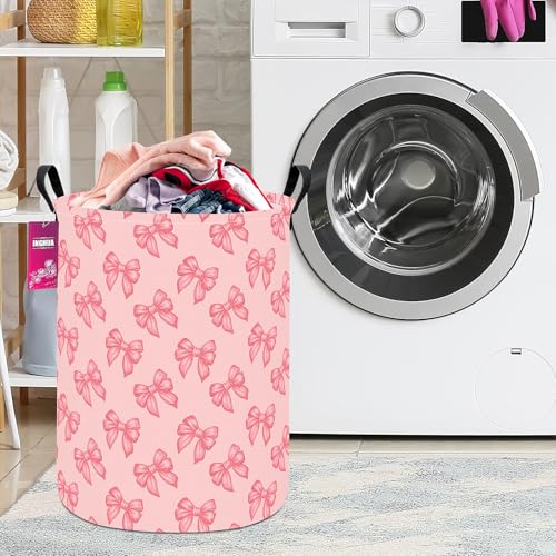 Laundry Hamper Large Canvas Fabric Lightweight Storage Basket/Toy Organizer/Dirty Clothes Collapsible Waterproof for College Dorms, Boys and Girls Bedroom,Bathroom(Pink bowknots) - color: Pink bowknots
