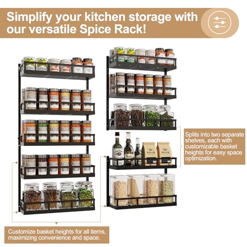 X-cosrack Wall Mount Spice Rack Organizer 5 Tier Height-Adjustable Hanging Spice Shelf Storage for Kitchen Pantry Cabinet, Dual-Use Seasoning Holder Rack with Hooks, Black-Patented - color: Black, size: 5x 4.6"D