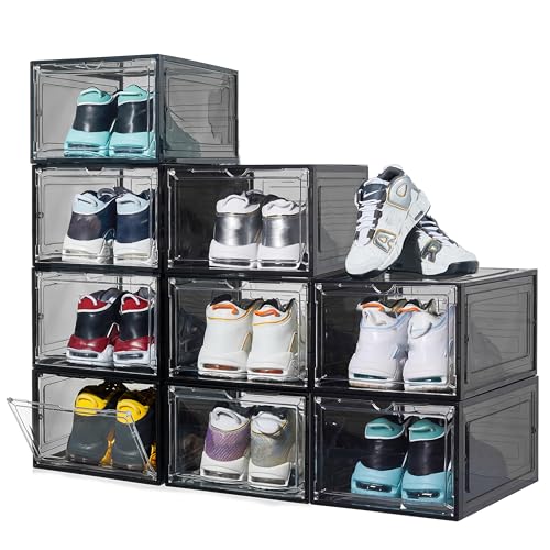 ZLLZUU 9 Pack X-Large Shoe Organizer, Thicken&Sturdy Shoe Storage Box with Clear Magnetic Door, Stackable Shoe Box with Solid Plastic, Shoe Organizer for Closet (Black) - color: Black, size: X-Large-9Pack