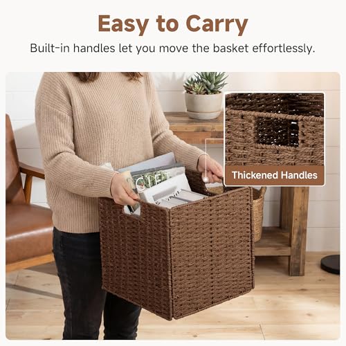 StorageWorks 13 inch Wicker Storage Baskets, Handwoven Wicker Basket for Organizing, Foldable Paper Rope Square Storage Cubes, Brown, 2 Pack - color: Brown, size: 13"L x 13"W x 13"H