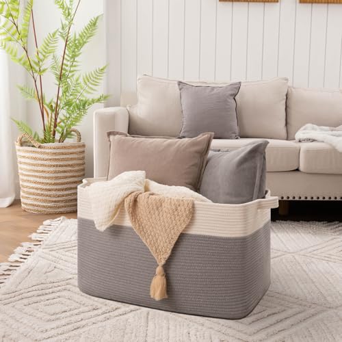 OIAHOMY Extra Large Blanket Basket, 95L Cotton Rope Woven Laundry Basket, Toy Bin for Baby Room, Container for Blanket Storage in Living Room, 24''×17''×14'', Grey & White - color: Grey & White, size: 95L