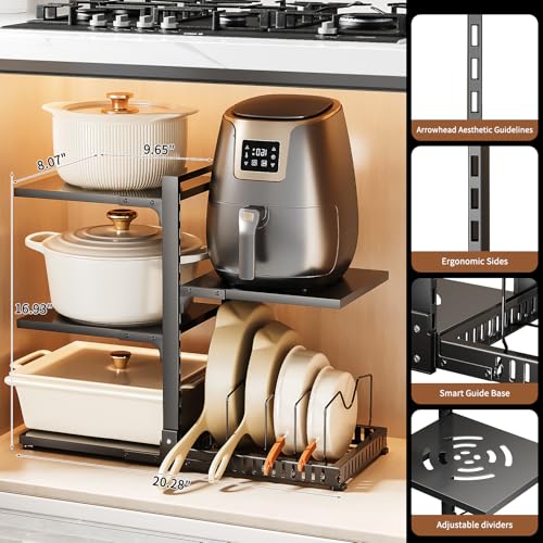 PureBox Pots and Pans Organizer Rack with Lid Holder – 8 pots, Solid Steel Shelves Heavy Duty Adjustable Under Cabinet Pot Rack, Double-Sided Cabinet Organizer, Holds 100Lbs, Black - color: Black Carbon Steel Pot Rack
