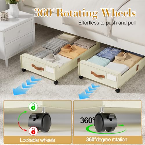 Yecaye Under Bed Storage with Wheels, 4 Pack Under the Bed Storage Containers with Lids & Label, XXL 60L Rolling Underbed Storage Drawers for Clothes, Blankets, Shoes, Beige - color: Beige, size: 4 Pack