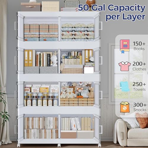 250GAL Storage Bins with Lid and Wheels, Stackable Closet Organizers and Storage Drawer, Collapsible Storage Box with Dividers, Foldable Plastic Cabinets for Room, Kitchen, 5 Pack White - color: White, size: 50Gal-5Pack