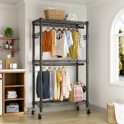 Heavy Duty Clothes Rack Rolling Garment Rack,3 Tier Adjustable Wire Shelving Clothing Racks for Hanging Clothes with Double Rods&Side Hooks,Freestanding Wardrobe Storage Rack Metal Portable Closet - color: Black1, size: 15.75"D x 23.5"W x 72.45"H