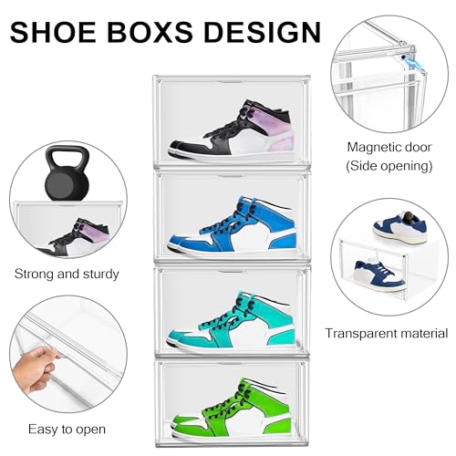 Clear Shoe Boxes Plastic Stackable ‌Shoe Cabinet‌ with Acrylic Magnetic Lids Drop Side Sneaker Display Case for Closet, Entryway, Fits Men's or Women's Shoes up to Size 12.5 (14.17''x10.62''x8.07'') - color: Clear, size: Medium-Large