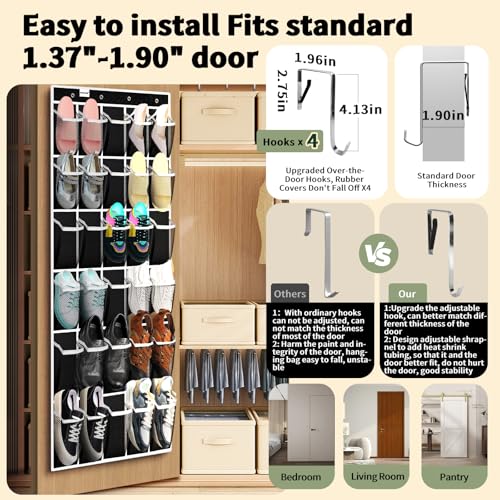 PAULONE Over the Door Organizer with 30 Large Pockets, 3 Sizes of Closet Hangers, Holds up to 69 lbs, Hanging Organizer with Clear Window for Children's Toys, Shoes, Diapers (Black) - color: Black