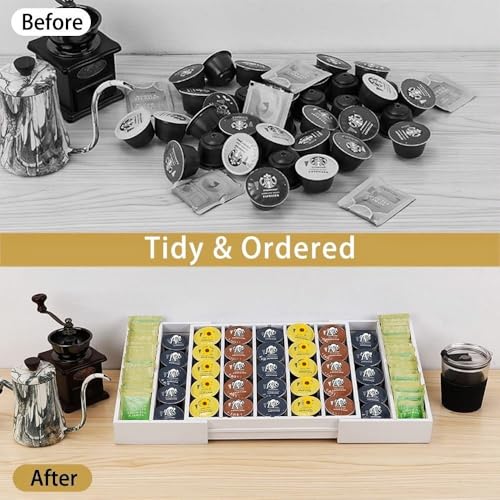 K Cup Holder,Bamboo Coffee Pod Holder Drawer Organizer, Expandable Coffee Pod Holder Tea Bag Storage Organizer for Kitchen Office Coffee Bars,Accommodate 45 K Cups (White) - color: White