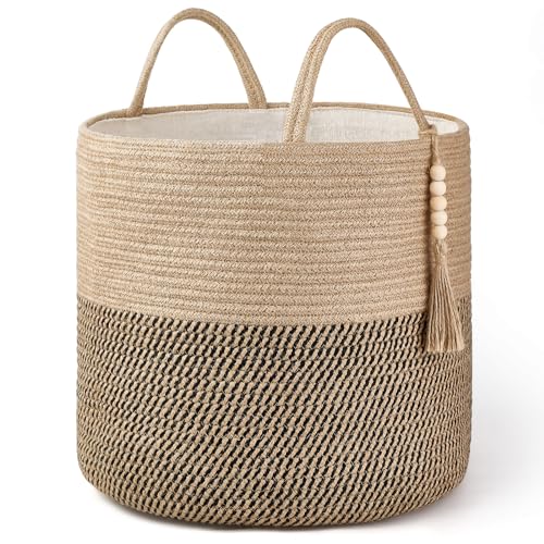 Mkono Woven Storage Basket Decorative Rope Basket Wooden Bead Decoration for Blankets,Toys,Clothes,Shoes,Plant Organizer Bin with Handles Living Room Home Decor, Yellow and Black, 16" W × 13.8" - color: Yellow and Black, size: 16" W × 13.8"L