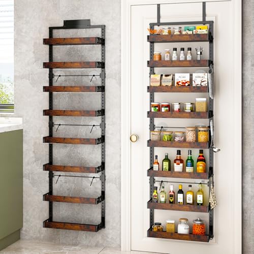 BUKFEN 8-Tier Over the Door Pantry Organizer, 2-in-1 Door Hanging or Wall Mounted Spice Rack, Heavy Duty Metal Storage Shelves with Adjustable Wooden Baskets for Kitchen Bathroom Closet - color: Black pole wood color, size: 8 Tier