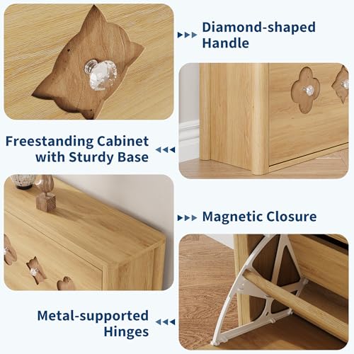 GarveeHome Shoe Storage Cabinet with 3 Flip Drawers, Narrow Wood Shoe Organizer Cabinet with Floral Pattern, Freestanding Slim Shoe Rack Cabinet with Adjustable Shelves, for Entryway, Hallway, Natural - color: Natural Wood Color, size: 3-Drawers