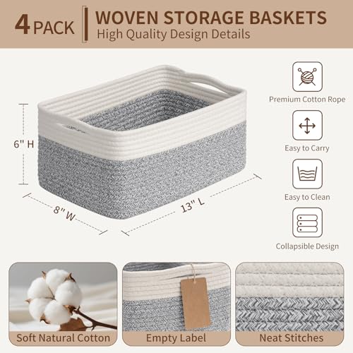Goodpick 4 Pack Storage Baskets for Shelves, Rectangle Woven Baskets for Organizing, Decorative Closet Bins with Handles, Shelf Basket for Baby Toy Storage, 13''L x 8''W x 6''H, Gray & White - color: Grey & White