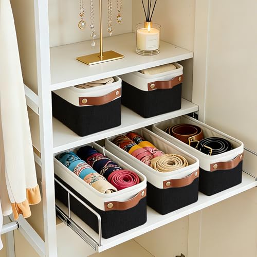 Bagnizer Small Fabric Storage Baskets, 15x6x5 inch Narrow Storage Bins 4-Pack Long Storage Basket for Organizing with Handles, Decorative Basket for Closets, Shelves, Toilet Paper, Black - color: Black / Off-White, size: Narrow-15"x6"x5"