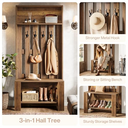 Tribesigns Hall Tree with Bench and Shoe Storage, 70.8" Tall Freestanding Coat Rack with Shoe Bench, Farmhouse Narrow Hall Tree Organizer with Hooks for Entryway, Hallway, Mudroom, Space-Saving, Brown