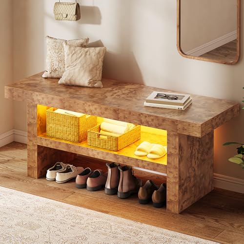 DWVO 39.4" Entryway Bench with Motion-Sensing Warm LED Light, 2-Tier Rustic Thick Wood Shoe Storage Bench for Hallway Bedroom Dressing Room or End of Bed, Burl Wood Finish - color: Burl Wood, size: Straight 39.4" L