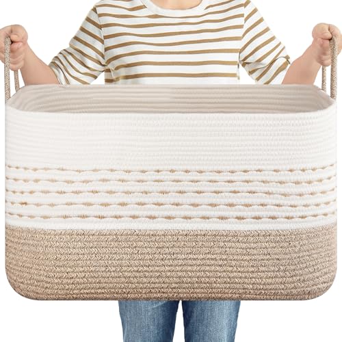 OIASKET 75L Large Cotton Rope Blanket Basket, Soft Baby Storage Basket for Toys, Pillow and Clothes，Decorative Woven Laundry basket with Handles for Living Room-Brown & White - color: Brown & White, size: 75L