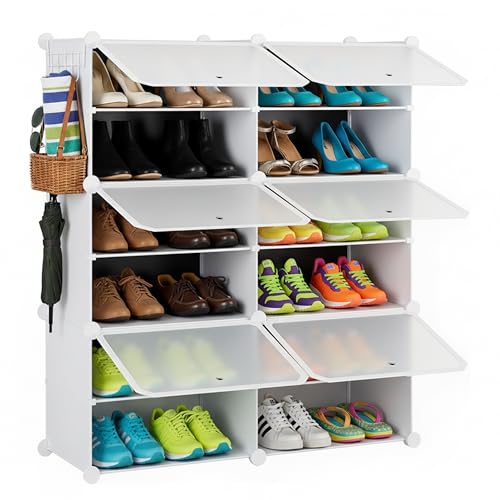HealSmart 6-Tier Shoe Rack Organizer with Door, 24-Pair Shoe Storage Cabinet, Stackable Plastic Shelves for Closet, Entryway, Hallway, Bedroom, White