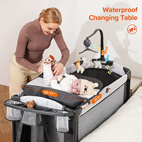 ELEMARA Baby Bassinet Bedside Crib with Diaper Changer, Pack and Play with Mattress for Baby，4 in 1 Playpen Travel Bed with Storage,Playard with Adjustable Height - style: Baby Bassinet