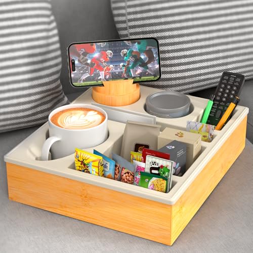 Couch Cup Holder Tray - Couch Organizer Caddy, Silicone Beach Caddy with Cup Holder, Sofa and Bed Drink Holder and Couch Tray Table for Snacks Beverage Remote (Beige) - color: Beige