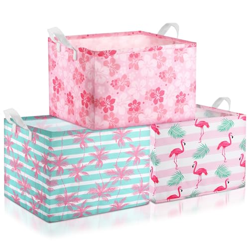 Geelin 3 Pcs Flamingo Baskets Summer Storage Basket for Gifts Collapsible Waterproof Canvas Cute Storage Bin Organizer with Handles for Book Closet Shelf Nursery Decor - style: Flamingo