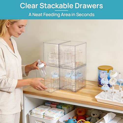 Vtopmart 7.6" H Clear Stackable Storage Drawers, 4 Pack Plastic Organizers Bins for Skincare, Cosmetics,Beauty Supplies,Ideal for Vanity, Bathroom,Kitchen Countertop,Cabinet Organization - style: 4pack High