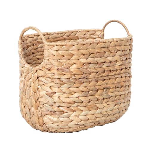 Water Hyacinth Storage Basket with Handles, Woven Boho Storage Basket for Organizing, 11.8" x 7.87" x 8.66" Natural Oval Handwoven Basket for Shelf, Bathroom, Living Room
