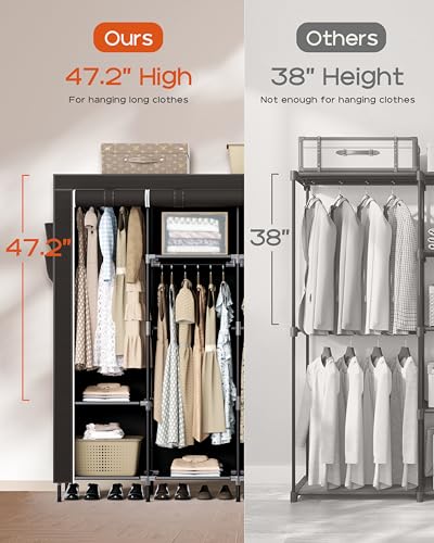 CASAMAYA Portable Closet, 66.9 Inch Large Capacity Wardrobe Closet with Cover, Clothes Storage Organizer with Shelves and 4 Hanging Rods, Easy to Assembly, Black PCT204B01 - size: 66.9"L x 17.7"W x 70.9"H