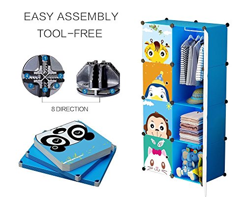 MAGINELS Children Wardrobe Kid Dresser Cute Baby Portable Closet Bedroom Armoire Clothes Hanging Storage Rack Cube Organizer(Blue, 6 Cube & 1 Rod) - color: Blue, size: 8 Cube