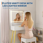 Garvee Fluted Vanity Desk with Mirror and Lights, 31 in Small Makeup Vanity Storage Cabinet & 2 Drawers, 3 Lighting Modes, Stylish Dressing Table for Bedroom - color: Light White
