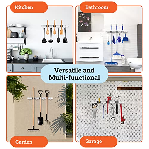 Homely Center Mop and Broom Holder Wall Mount – Heavy-Duty Closet Organizer for Garage, Kitchen, Laundry Organization – Tool Hanger with 3 racks and 4 hooks