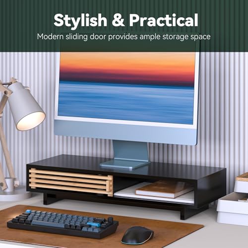 Monitor Stand with Sliding Bamboo Doors, 25 Inch Heavy Duty Wood Computer Monitor Riser, Ergonomic Desk Organizer with Storage & Keyboard Tray, Natural & Black - color: Black + Natural Bamboo, size: 25 Inch