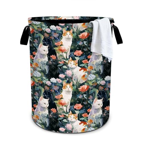 Cat Flowers Laundry Basket Storage Bin Foldable Laundry Hamper Clothes Storage Bucket Organizer 19.6x15.7 Inch For Laundry Room/Bedroom/Bathroom - color: Cat Flowers