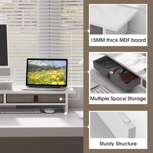 Fenge Monitor Stand with Drawer, 2 Tiers Dual Monitor Riser for Desk, 35 Inch Computer Stand for 2 Monitors, Desk Shelf for Home, Office, Laptop, PC, TV, Printer - color: White