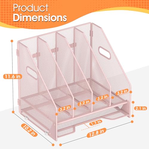 Desk File Folder Holder Organizer-4 Vertical Compartments Racks and Paper Letter Tray,Mesh Magazine File Holder Sorter,Desktop Accessories & Workspace Organizers for Home,Office,School-Pink - color: 4 Compartments-pink