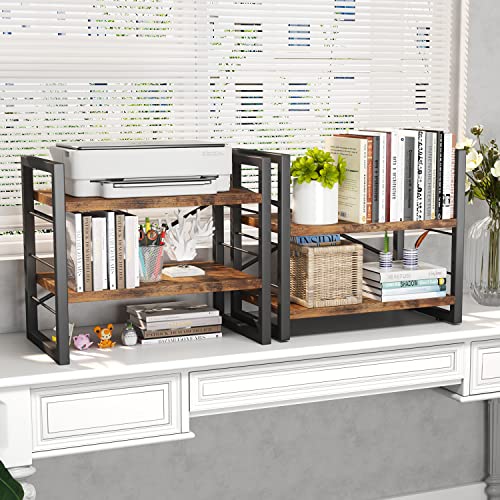 Homeiju Bookshelf, Dorm Desk Hutch, Desk Shelf Organizer, 4 Tier Stackable Bookcase, Adjustable Industrial Book Shelf Storage Organizer for Desktop, Living Room, Bedroom, Office,Rustic Black and Brown - color: Rustic, size: 4 Tier (adjustable)