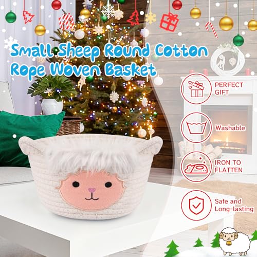 Small Storage Basket for Nursery, Sheep Woven Animal Gift Basket, Round Woven Rope Cotton Storage, Baby Blanket 0rganizer with Ears Handles, Blanket Towel Decor Storage Bins, 8.2"D x 4.7"H IN - color: White Red, size: 9"D × 5 "H