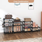 ROJASOP Shoe Rack Organizer, 8-Tier Metal Shoe Rack for Closet Entryway Garage, 26-32 Pairs Tall Shoe Boot Storage Shelf with 15 Hooks, Stackable Large Shoe Stand - color: Black