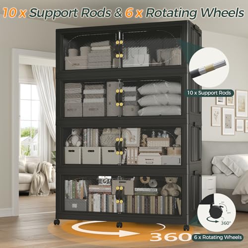 320GAL Plastic Storage Bins with Lid, 1280QT Extra Large Stackable Closet Organizers and Storage, Collapsible Storage Boxes with Wheels, Folding Cabinet for Home Kitchen Office, 4Pack Black - color: 80Gal-Black, style: 4Pack