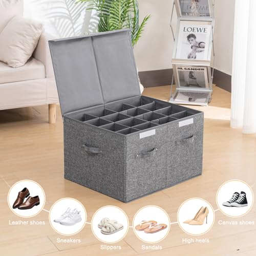 Shoe Organizer for Closet Fits 16 Pairs, Large Shoe Storage Box Bins Containers with Lid and Adjustable Dividers for Shoes, Sneakers and High Heeled, Hard Shell and Stackable (Grey) - color: Grey