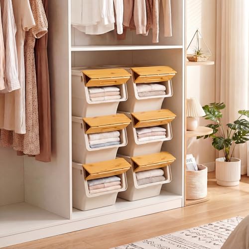 Giantex Plastic Stackable Storage Bins with Lids & Wheels, 6 Pack Open Front Stacking Bins, Organizer Bins for Pantry, Kitchen, Laundry, Closet, Playroom, Bedroom Organization （12.5 QT） - color: White + Natural, size: 6 Pack, 12.5 QT
